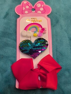 Kids Crystal Sequin Heart Hair Clip Set with Rainbow Accent and Pink Bow